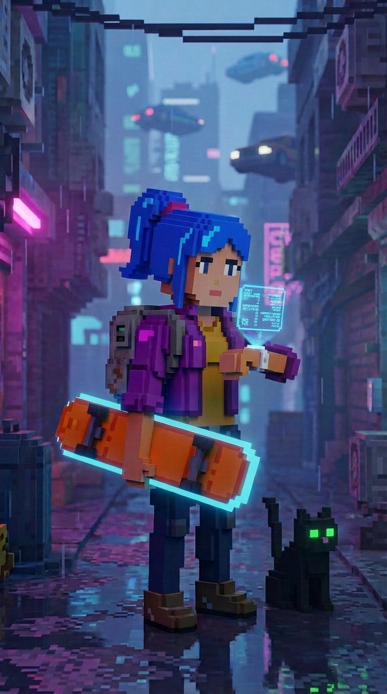 Maya, a voxel-art courier with blue hair and a glowing orange hoverboard, checks her HoloWatch while her black cat watches